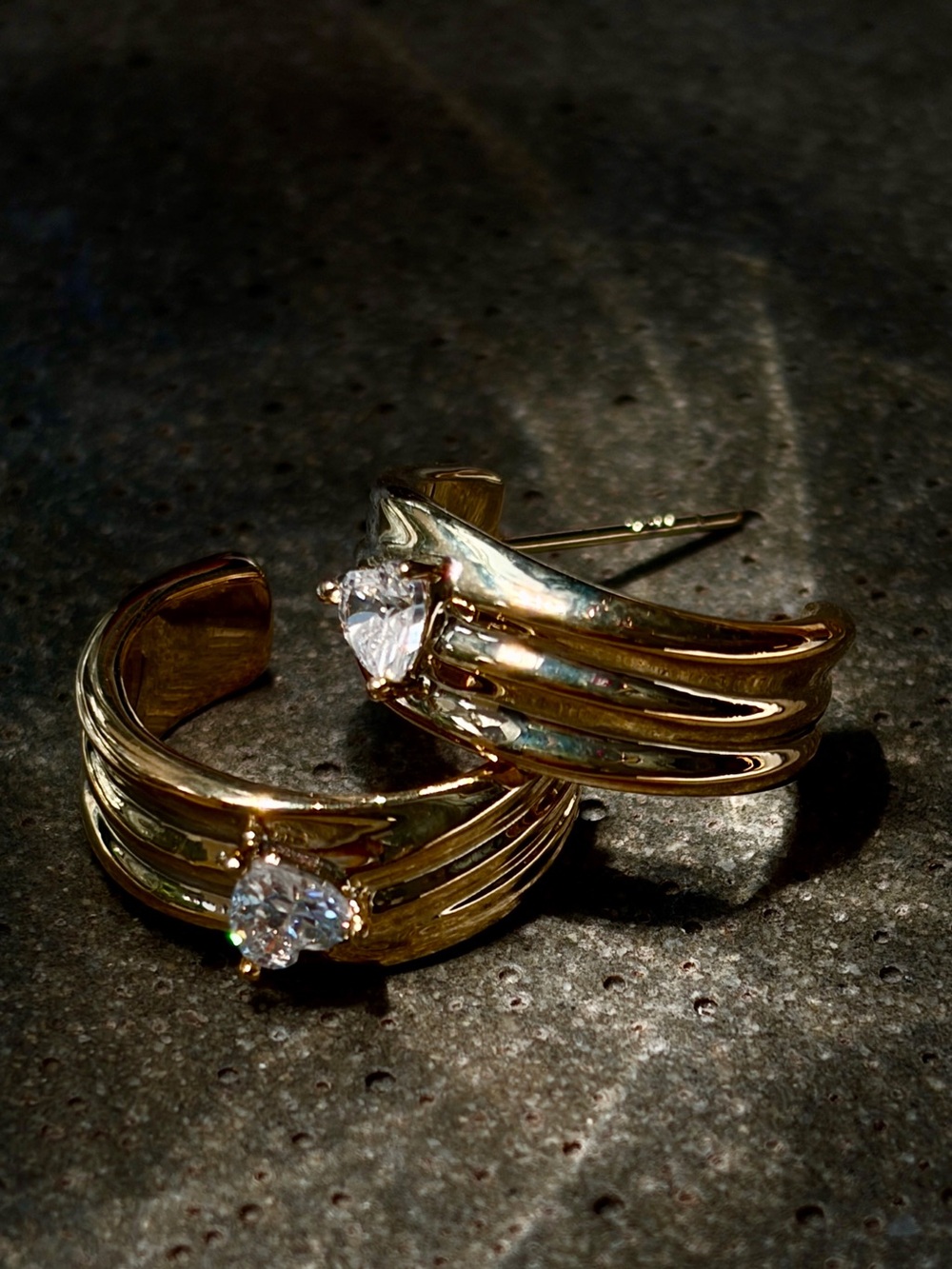 New Gold Plated S925 Post Ribbed C Hoop, Heart CZ Textured Open Circle Earrings